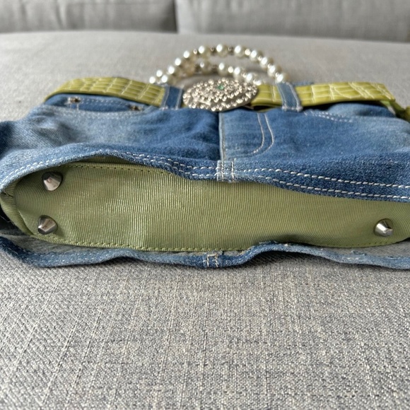Fun Cute Denim purse with green belt and pearl handle - Picture 3 of 9